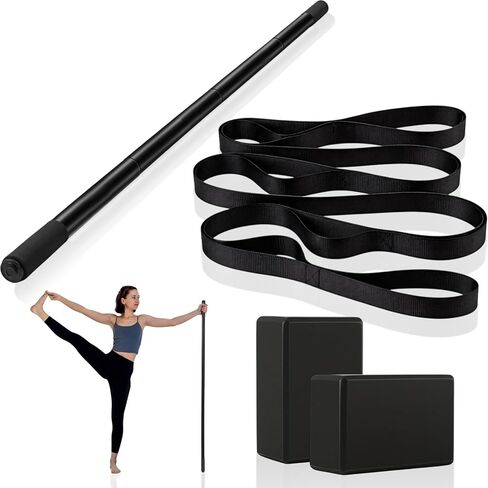 4 Pcs Yoga Stick with Exercise Strap Yoga Blocks Exercise Rod Workout Staff 58 Inch Sturdy Carbon Steel Stretching Stick Adjustable Rod with Non Slip Ends for Physical Pilates in Kuwait