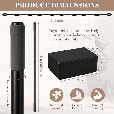 4 Pcs Yoga Stick with Exercise Strap Yoga Blocks Exercise Rod Workout Staff 58 Inch Sturdy Carbon Steel Stretching Stick Adjustable Rod with Non Slip Ends for Physical Pilates in Kuwait