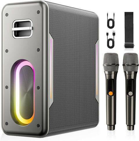 Karaoke Machine for Adults, Portable Bluetooth Karaoke Speaker with 2 Wireless Microphones, 2 Voice Mode & LED Party Lights, Home Party Birthday Gifts for Kids Family,Supports BT/TWS/AUX/USB/TF in Kuwait
