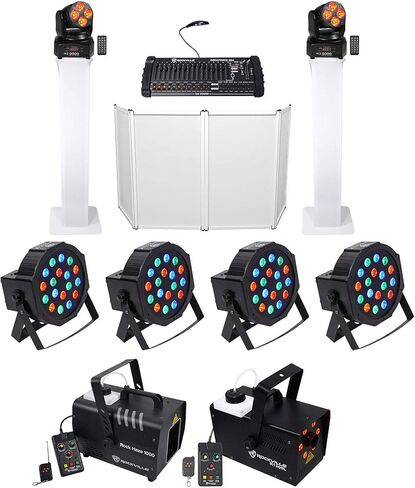 حزمة Rockville RFAAW: كشك واجهة DJ، 4 مصابيح RockPAR50 24W Par Lights، 2 رؤوس متحركة RockOn-7 60W RGBW، 2 حامل RTP32W 10 بوصات، آلة ضباب R1200L، ROCKHAZE 1000 Hazer، وحدة تحكم ROCKFORCE 384، 12 عنصرًا in Saudi Arabia