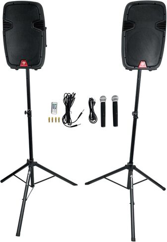 حزمة Rockville RAMSYS12: (2) 12 بوصة 800 واط الذروة / 200 واط RMS مكبرات صوت بلوتوث PA تعمل بالبطارية مع (2) ميكروفونات، واجهة RFAAW DJ، (2) بطارية Par 50 مصابيح LED DMX قابلة لإعادة الشحن، سماعات DJ1500، 5 عناصر in Saudi Arabia