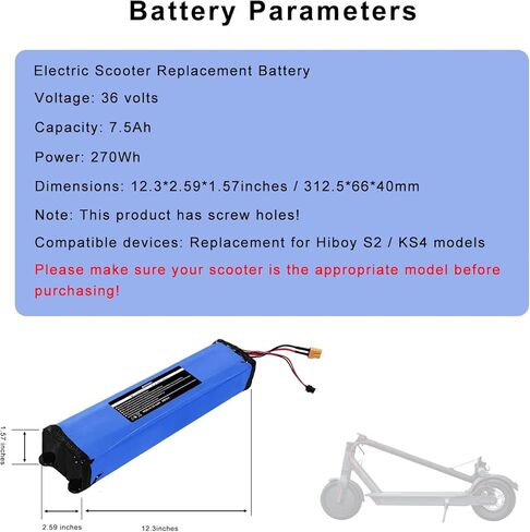 بطارية بديلة 36 فولت 7500 مللي أمبير في الساعة لجهاز Hiboy S2/ Hiboy KS4 مع حزمة بطارية ليثيوم عالية الأداء بقدرة 270 وات في الساعة مع فتحات لولبية، الحجم: 1.57 * 2.59 * 12.3 بوصة in Kuwait