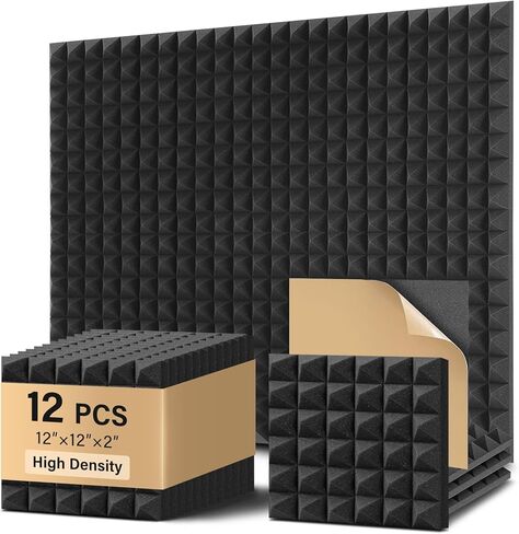 ألواح إسفنجية مقاومة للصوت هرمية، 12 حزمة، Bwaliffury عالية الكثافة ذاتية اللصق ممتصة للصوت، 30.48 سم × 30.48 سم × 5.08 سم، ألواح إسفنجية صوتية مقاومة للحريق، لوحات صوتية، رغوة استوديو للجدار والسقف (أسود) in Kuwait