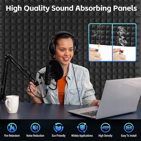 ألواح إسفنجية مقاومة للصوت هرمية، 12 حزمة، Bwaliffury عالية الكثافة ذاتية اللصق ممتصة للصوت، 30.48 سم × 30.48 سم × 5.08 سم، ألواح إسفنجية صوتية مقاومة للحريق، لوحات صوتية، رغوة استوديو للجدار والسقف (أسود) in Kuwait