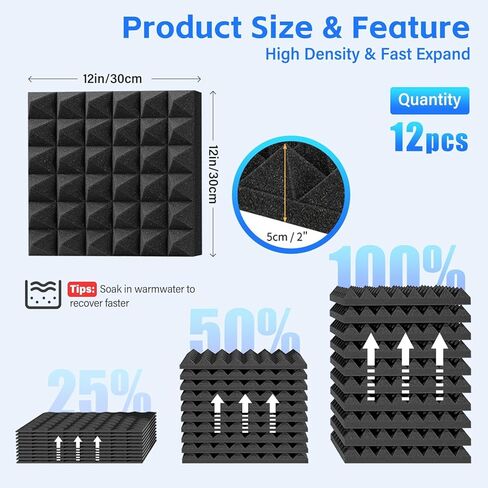 ألواح إسفنجية مقاومة للصوت هرمية، 12 حزمة، Bwaliffury عالية الكثافة ذاتية اللصق ممتصة للصوت، 30.48 سم × 30.48 سم × 5.08 سم، ألواح إسفنجية صوتية مقاومة للحريق، لوحات صوتية، رغوة استوديو للجدار والسقف (أسود) in Kuwait