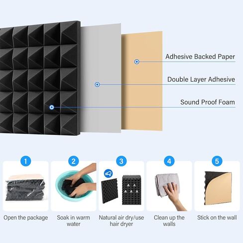 ألواح إسفنجية مقاومة للصوت هرمية، 12 حزمة، Bwaliffury عالية الكثافة ذاتية اللصق ممتصة للصوت، 30.48 سم × 30.48 سم × 5.08 سم، ألواح إسفنجية صوتية مقاومة للحريق، لوحات صوتية، رغوة استوديو للجدار والسقف (أسود) in Kuwait