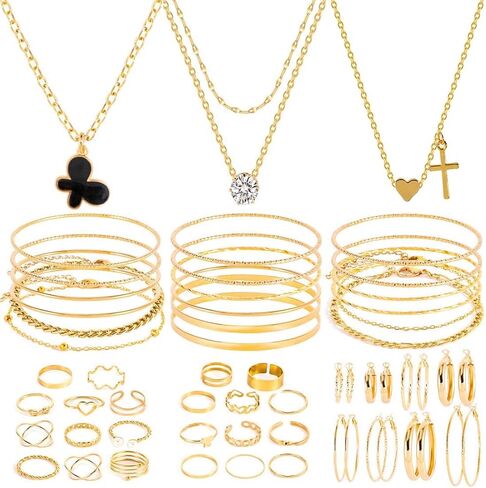 44-65pcs Golden Silver Plated Jewelry Sets Necklaces,Bracelets Bangles,Earring,Rings for Women Valentine Anniversary Birthday Friendship in Kuwait