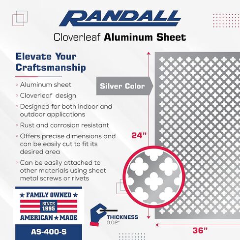 Randall Manufacturing Co., Inc | Perforated Aluminum Sheet | Clover Leaf Design | 24 x 36 inches | .020" Thick | Silver Aluminum | Great for Indoor & Outdoor Use | Made in The USA in Saudi Arabia