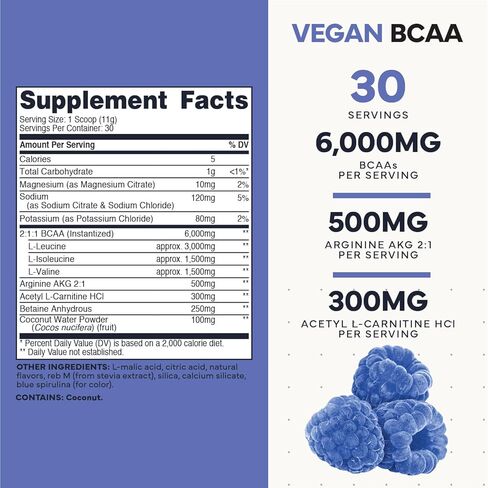 Type Zero Ultra Clean Vegan BCAA Powder + Electrolytes (Blue Raspberry | 6G) 2:1:1 Sugar-Free/No Sucralose BCAAs Amino Acids Supplement - BCAA Vegan Amino Acids After Workout Drink, 30 Servings in Kuwait