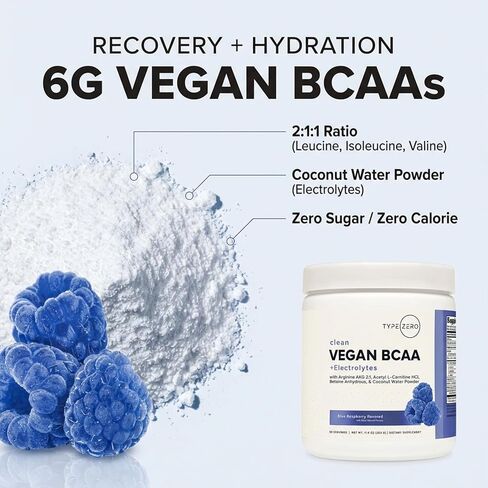 Type Zero Ultra Clean Vegan BCAA Powder + Electrolytes (Blue Raspberry | 6G) 2:1:1 Sugar-Free/No Sucralose BCAAs Amino Acids Supplement - BCAA Vegan Amino Acids After Workout Drink, 30 Servings in Kuwait