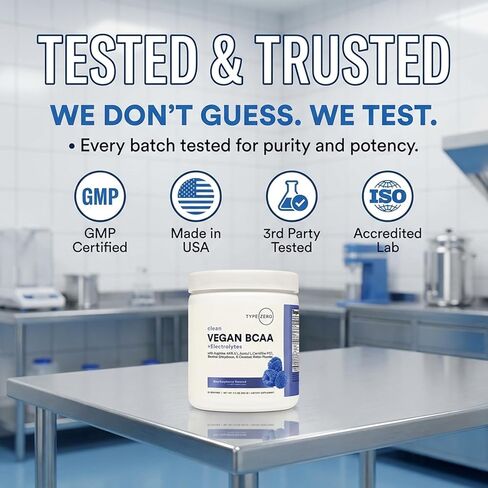 Type Zero Ultra Clean Vegan BCAA Powder + Electrolytes (Blue Raspberry | 6G) 2:1:1 Sugar-Free/No Sucralose BCAAs Amino Acids Supplement - BCAA Vegan Amino Acids After Workout Drink, 30 Servings in Kuwait