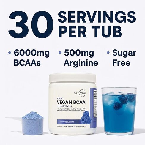 Type Zero Ultra Clean Vegan BCAA Powder + Electrolytes (Blue Raspberry | 6G) 2:1:1 Sugar-Free/No Sucralose BCAAs Amino Acids Supplement - BCAA Vegan Amino Acids After Workout Drink, 30 Servings in Kuwait
