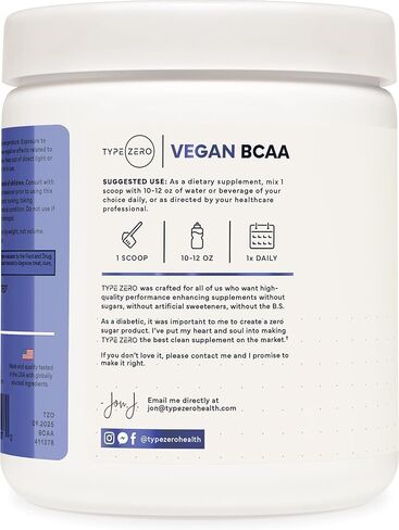 Type Zero Ultra Clean Vegan BCAA Powder + Electrolytes (Blue Raspberry | 6G) 2:1:1 Sugar-Free/No Sucralose BCAAs Amino Acids Supplement - BCAA Vegan Amino Acids After Workout Drink, 30 Servings in Kuwait