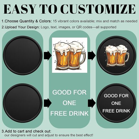 200-1000 شريحة بلاستيكية مخصصة - طباعة كاملة الألوان على الوجهين مع الشعار/النص/التصميم - 15 لونًا رائعًا لرموز البار الشخصية، وبطاقات العمل، والأحداث، والعروض الترويجية، ورموز المشروبات in Kuwait