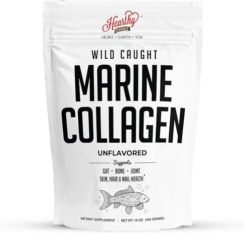 HEARTHY FOODS Marine Collagen Powder 16 Oz - Sourced from Wild-Caught Fish, Pescatarian Friendly, Keto Certified & Non-GMO Verified - Easy to Mix in Water - 45 Servings in Kuwait