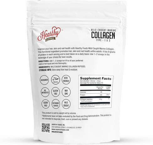 HEARTHY FOODS Marine Collagen Powder 16 Oz - Sourced from Wild-Caught Fish, Pescatarian Friendly, Keto Certified & Non-GMO Verified - Easy to Mix in Water - 45 Servings in Kuwait