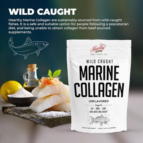 HEARTHY FOODS Marine Collagen Powder 16 Oz - Sourced from Wild-Caught Fish, Pescatarian Friendly, Keto Certified & Non-GMO Verified - Easy to Mix in Water - 45 Servings in Kuwait