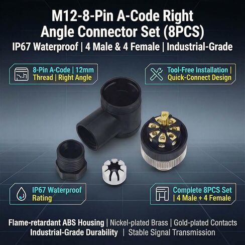 M12 8-Pin A-Code Right Angle Connector Set (8PCS) - IP67 Waterproof, 12mm Thread, 4 Male & 4 Female Industrial Aviation Connectors in Saudi Arabia