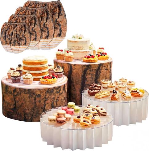 4 Pack Wood Buffet Risers, Foldable Food Risers with Wood Covers for Buffet Table, 12" Reusable Cardboard Cylinder Pedestal Stands for Wedding Birthday Party Decor in Saudi Arabia