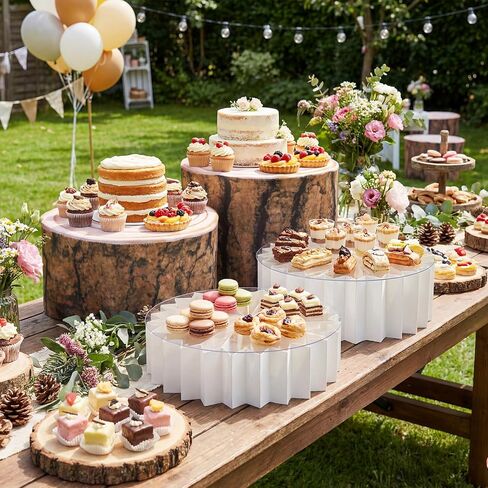 4 Pack Wood Buffet Risers, Foldable Food Risers with Wood Covers for Buffet Table, 12" Reusable Cardboard Cylinder Pedestal Stands for Wedding Birthday Party Decor in Saudi Arabia