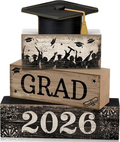 4 Pcs Graduation Table Decorations Graduation Tiered Tray Decorations Class of 2025 Wooden Sign Rustic Grad Block Centerpiece Sign Farmhouse Congratulate Gifts for Home Shelf(Black) in Saudi Arabia