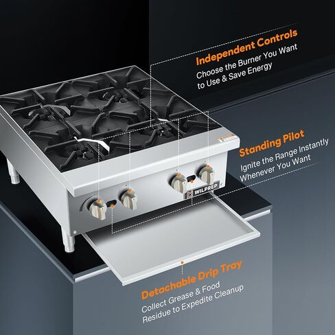 WILPREP Commercial Countertop Gas Range, 4 Burner 100,000 BTU Stainless Steel Gas Cooktop, 24" NG/LPG Convertible with Durable Grates, Perfect for Professional Restaurant Kitchen & Catering in Kuwait