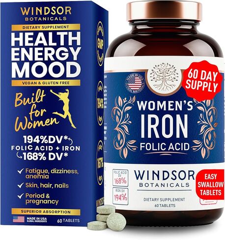 مكملات حمض الحديد والفوليك للنساء - فيتامين حديد لطيف 35 ملغ ، وحمض الفوليك 400mcg - فقر الدم ، والفترة ، وملحق دعم الحمل ، وحبوب الكبريتات الحديدية - 60 أقراص نباتية غير خطية in Kuwait