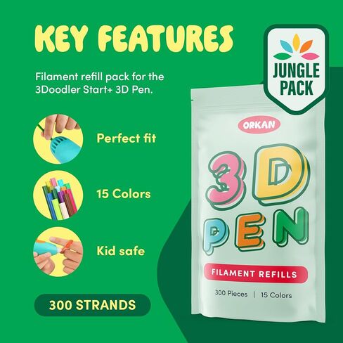 300 x ORKAN 3D Pen Filament Refills | Only Compatible with The 3Doodler Start+ | 15 Jungle Colors | 6" x 2.5mm PCL Eco-Filament Strands | Safe for Kids | Only for 3Doodler Start+ 3D Pen in Saudi Arabia