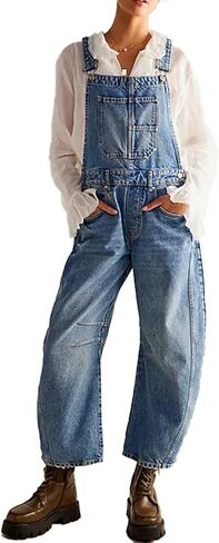 LONGBIIDA Women's Denim Overalls Barrel Wide Leg Loose Fit Bib Jean Romper Adjustable Strap Casual Jumpsuit in Saudi Arabia