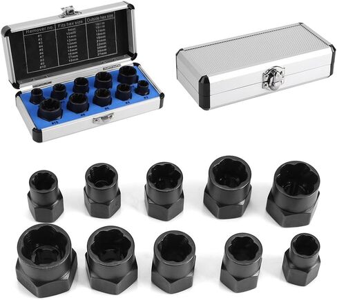Bolt Nut Screw Remover Extractor Set, 10 Pcs 9mm-19mm Alloy Threading Tools Kit for Removing Damaged Rounded Bolts Nuts and Screws Black in Kuwait
