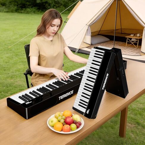 V70 Piano Keyboard 88 Keys Weight Keyboard: TERENCE Keyboard Piano Foldable 88-Key Weight Keyboard Full Size Digital Piano with Headphones 4 Speakers Bluetooth Built-in Battery (Black) in Kuwait