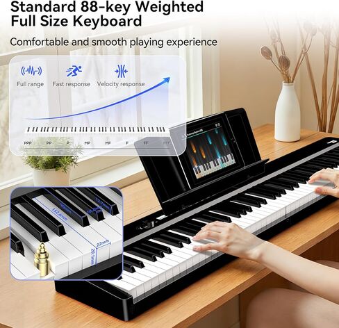 V70 Piano Keyboard 88 Keys Weight Keyboard: TERENCE Keyboard Piano Foldable 88-Key Weight Keyboard Full Size Digital Piano with Headphones 4 Speakers Bluetooth Built-in Battery (Black) in Kuwait