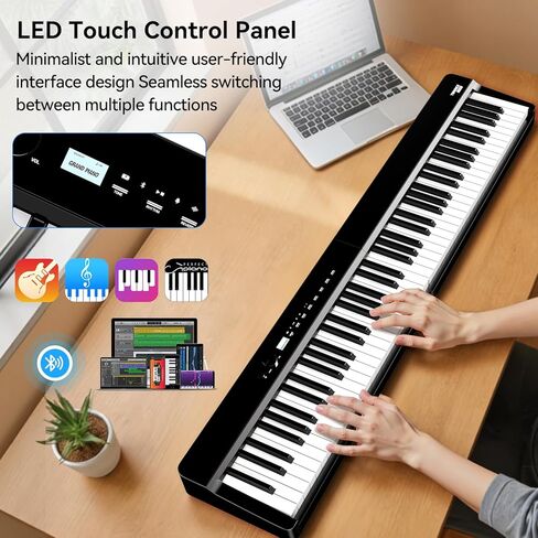 V70 Piano Keyboard 88 Keys Weight Keyboard: TERENCE Keyboard Piano Foldable 88-Key Weight Keyboard Full Size Digital Piano with Headphones 4 Speakers Bluetooth Built-in Battery (Black) in Kuwait
