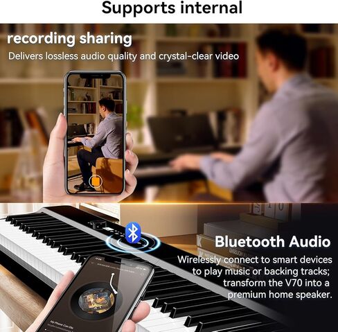 V70 Piano Keyboard 88 Keys Weight Keyboard: TERENCE Keyboard Piano Foldable 88-Key Weight Keyboard Full Size Digital Piano with Headphones 4 Speakers Bluetooth Built-in Battery (Black) in Kuwait