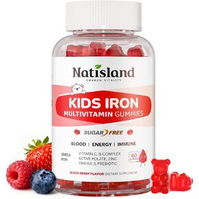 Iron Gummies for Kids & Teens, Kids Multivitamin with Iron Supplement, Vitamin B Complex, A, C, D3, Calcium, Zinc, DHA, Prebiotic, Blood Builder & Energy Support for Iron Deficiency, Vegan, 60 Ct in Kuwait