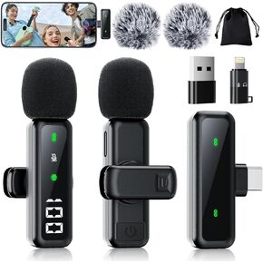 Wireless Mini Microphone for iPhone, 2 Pack Lavalier Mic with Noise Reduction & Battery Display, Clip-On Mic for iPad Android PC, iPhone Mic for Content Creators Vlog Podcast Video Recording in Kuwait