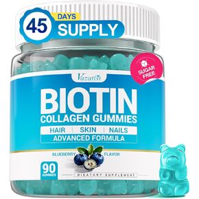 علكات البيوتين 10000 ميكروجرام مع الكولاجين - علكات نمو الشعر 23 في 1 للنساء والرجال - علكات الشعر والبشرة والأظافر مع الكيراتين والبلميط المنشاري - خالية من السكر وغير معدلة وراثيًا، التوت الأزرق، 90 قطعة in Kuwait