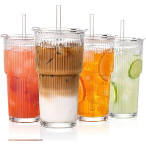 أكواب زجاجية من GOSCHE سعة 20 أونصة مع القش والأغطية، فناجين قهوة مثلجة مضلعة مانعة للتسرب، آمنة للاستخدام في غسالة الأطباق، أكواب زجاجية سميكة مع أغطية مثالية للقهوة والسفر، شفافة، 4 عبوات in Kuwait