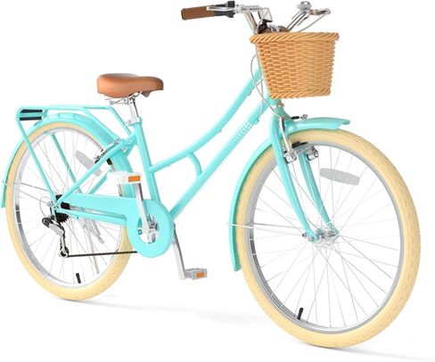 دراجة 67i ريترو كروزر للفتيات الشباب، 20/24/26 بوصة دراجة الفتيات خفيفة الوزن دراجة المدينة الهجينة مع سلة خوص ورف خلفي، إطار فولاذي متين للأعمار من 6 إلى 14 عامًا in Kuwait