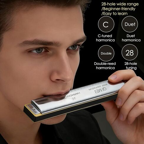 Golden Harmonica Key of C with Case, 28 Holes Diatonic Harmonicas Mouth Organ, Blues Harmonica for Adults/Professional Players/Beginners, Vintage Style Harmonica,Silver in Saudi Arabia