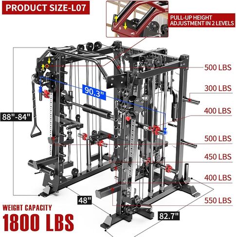 Smith Machine，Multi-Function Squat Rack Power Cage with Cable Crossover System,with Optional Weight Bench, Olympic Barbell Weight Set, for Home Gym in Kuwait