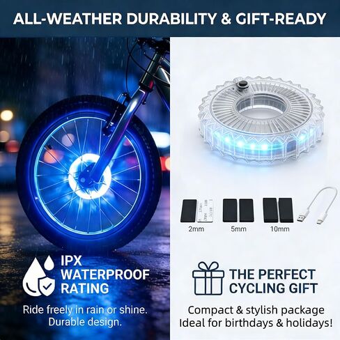 HANZE Rechargeable Bike Wheel Lights – 9 Colors 21 Lighting Modes LED Hub Light, 20H Runtime Motion Activated Bicycle Tire Safety Accessories, Cool Spoke Lights Gifts for Kids Adults (2 Pack) in Kuwait