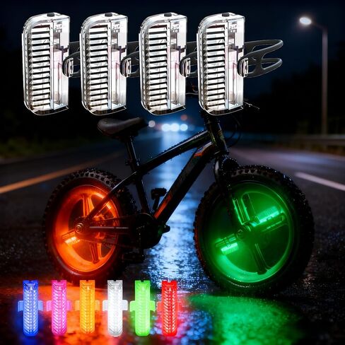 HANZE Bike Wheel Lights Rechargeable, LED Bicycle Spoke Lights 7-Color with 12 Flashing Modes, Motion Sensor Auto On/Off, Waterproof Night Riding Accessories for Kids & Adults E-Bike (4 Pack) in Kuwait