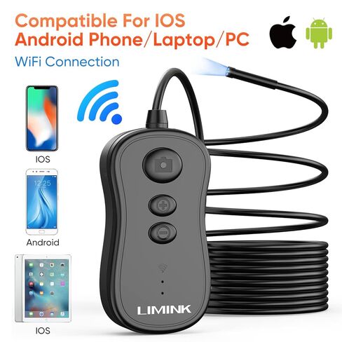 Wireless Endoscope, LIMINK 50Ft Snake Camera, Inspection Camera with Ip67 Waterproof, WiFi borescopes 2.0 MP HD Drain Camera for Android and iOS Smartphone, iPhone, iPad, Samsung -Black(50FT) in Kuwait