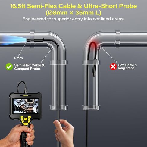 كاميرا منظار محمولة مع ضوء - كابل شبه صلب بطول 16.5 قدم وشاشة IPS مقاس 4.3 بوصة وكاميرا ثعبان مع 8 مصابيح LED، ومنظار IP67 مقاوم للماء لإصلاح السيارات وفحص السباكة والتدفئة والتهوية وتكييف الهواء (HVAC) in Kuwait