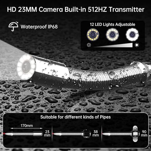 رأس كاميرا الصرف الصحي WP9600FTR مع غطاء واقي عجلة توجيه جهاز الإرسال 512 هرتز، ملحق بديل/أجزاء من 23 مم/0.9 بوصة كاميرا فحص الصرف الصحي JQKJCAM مع محدد موقع 12 مصباحًا (WP90F SP09F) in Kuwait