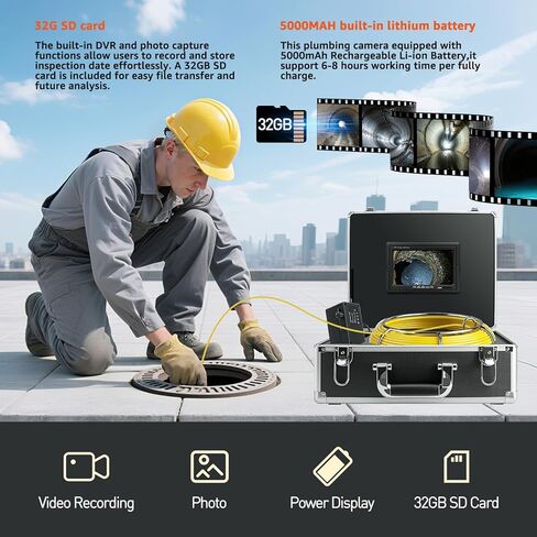 Sewer Camera 100 FT, 7" 1080P Screen & DVR,10X Zoom, Plumbing Cameras with Lights-6 LED, 32GB Card, IP68 Waterproof Snake Cameras for Duct Pipe,12V 4500mAh Battery Sewer Inspection Camera in Saudi Arabia