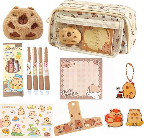 Kawaii Capybara Makeup Bag Kit ، Doll Plush+20 ملصقًا+2 بروش+ملاحظات لزجة+قلادة ، حالة قلم ذات قدرة كبيرة من 9 طبقات (بنية) in Kuwait