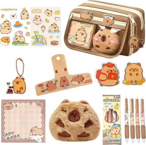 Kawaii Capybara Makeup Bag Kit, Plush Doll+20 Stickers+2 Brooches+Sticky Notes+Pendant, 9-Layer Large-Capacity Pencil Case (Brown) in Kuwait