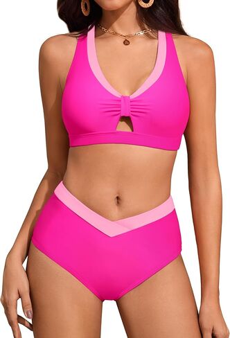 Fayenne Women's High Waisted Bikini Sets Sporty Two Piece Swimsuits Color Block Cutout V Neck Tummy Control Bathing Suits in Kuwait